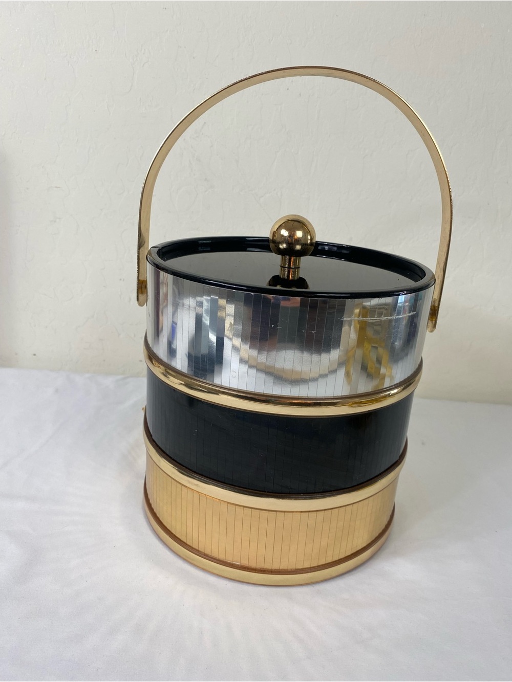 Vintage 1970s Disco ball Gold & Black Vintage Ice Bucket with Handle and tongs
